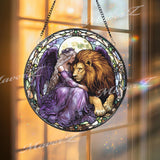 Fairy and Lion Stained Glass Suncatcher, Enchanted Purple Angel Window Decor, Fantasy Creature Art Gift for Her or Nature Lovers