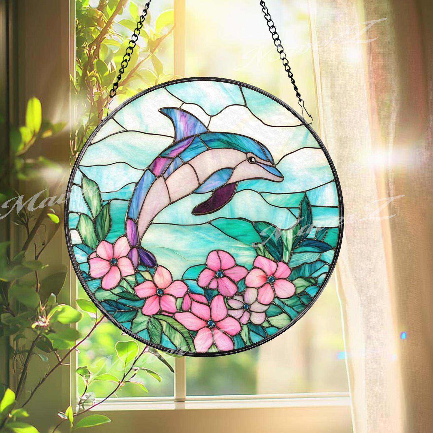 Dolphin Stained Glass Suncatcher with Pink Flowers, Ocean Themed Window Hanging, Coastal Marine Decor Gift for Beach Lover
