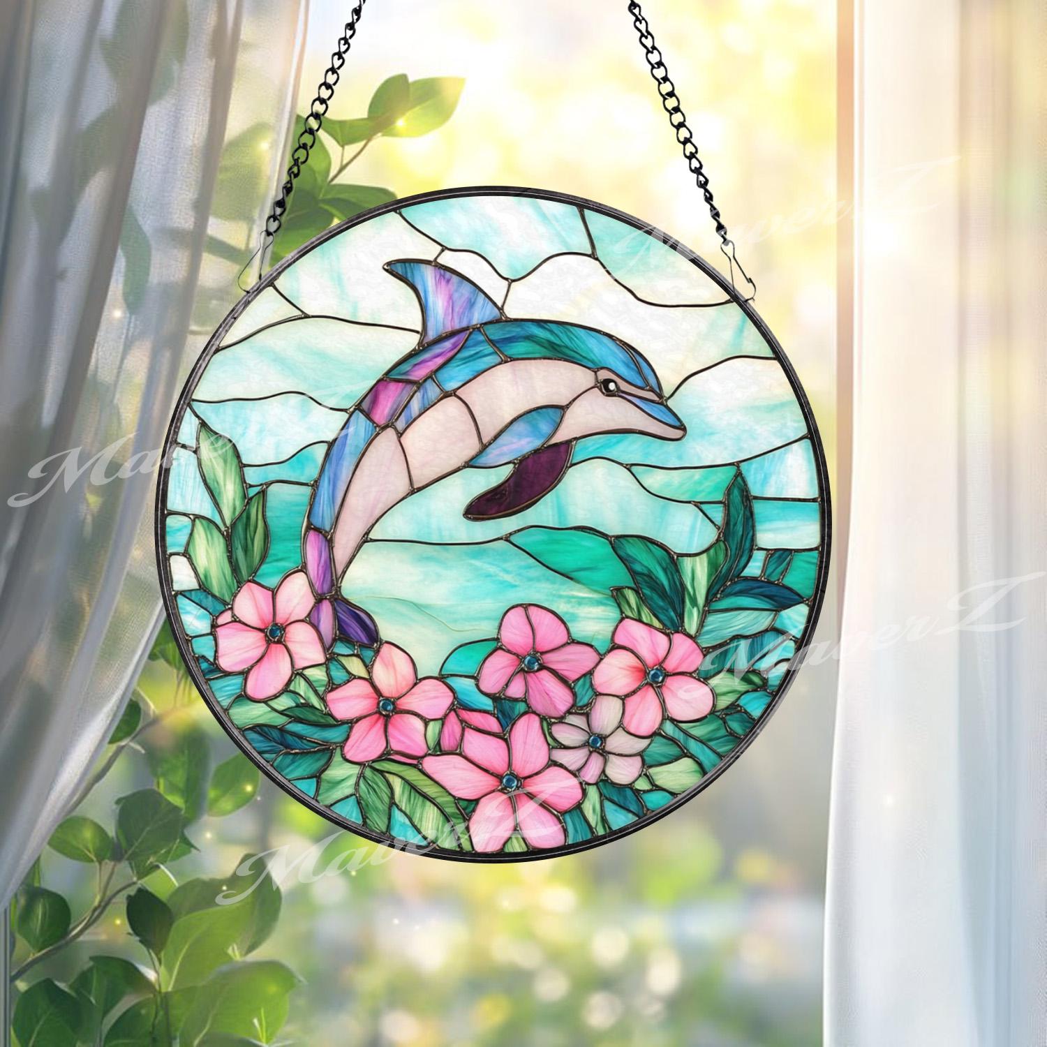 Dolphin Stained Glass Suncatcher with Pink Flowers, Ocean Themed Window Hanging, Coastal Marine Decor Gift for Beach Lover