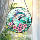 Dolphin Stained Glass Suncatcher with Pink Flowers, Ocean Themed Window Hanging, Coastal Marine Decor Gift for Beach Lover