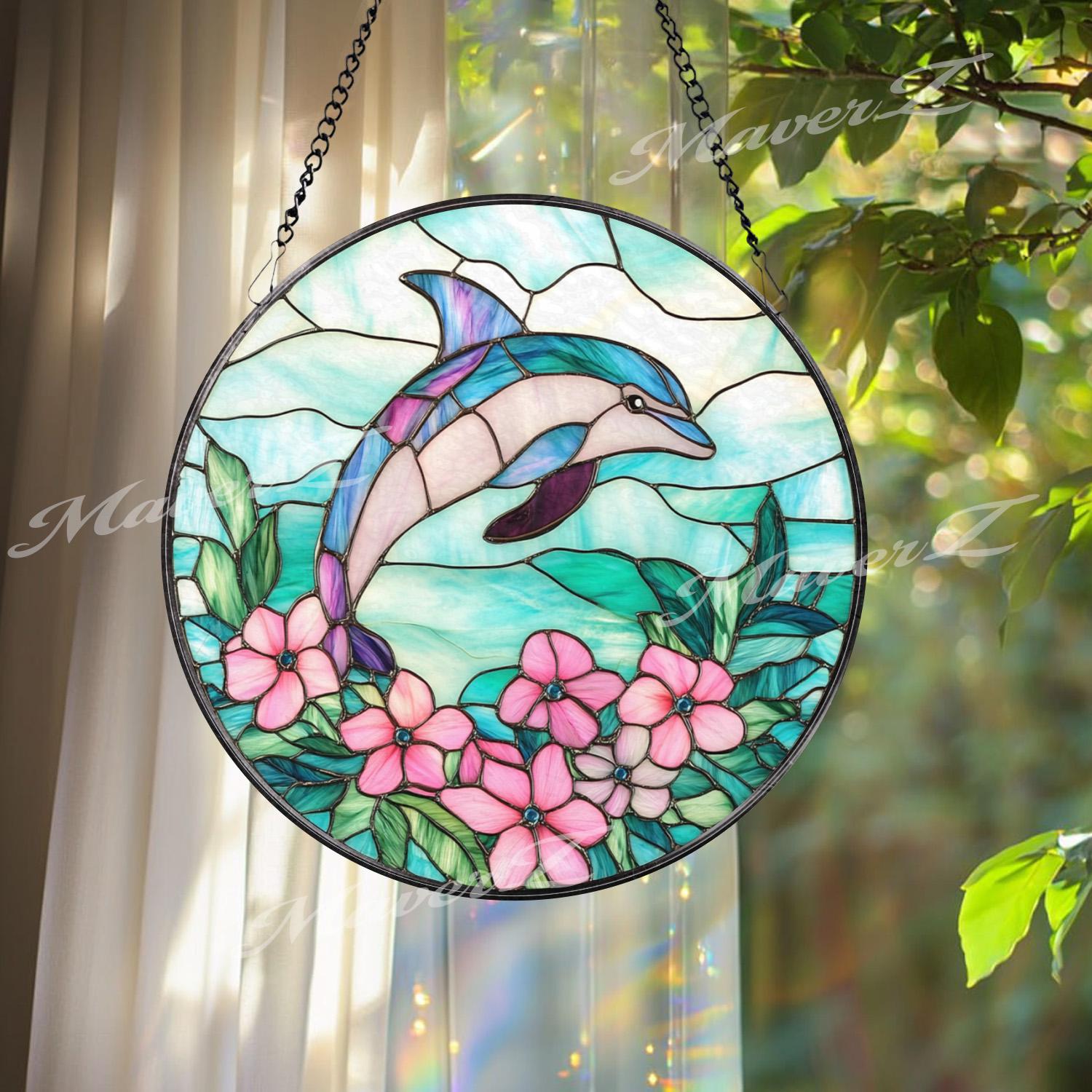 Dolphin Stained Glass Suncatcher with Pink Flowers, Ocean Themed Window Hanging, Coastal Marine Decor Gift for Beach Lover
