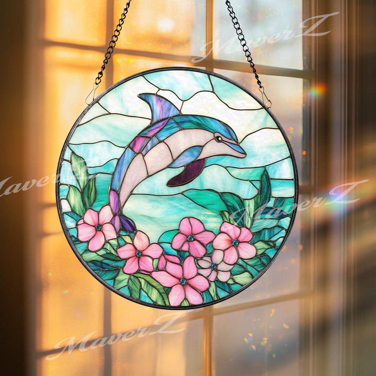 Dolphin Stained Glass Suncatcher with Pink Flowers, Ocean Themed Window Hanging, Coastal Marine Decor Gift for Beach Lover