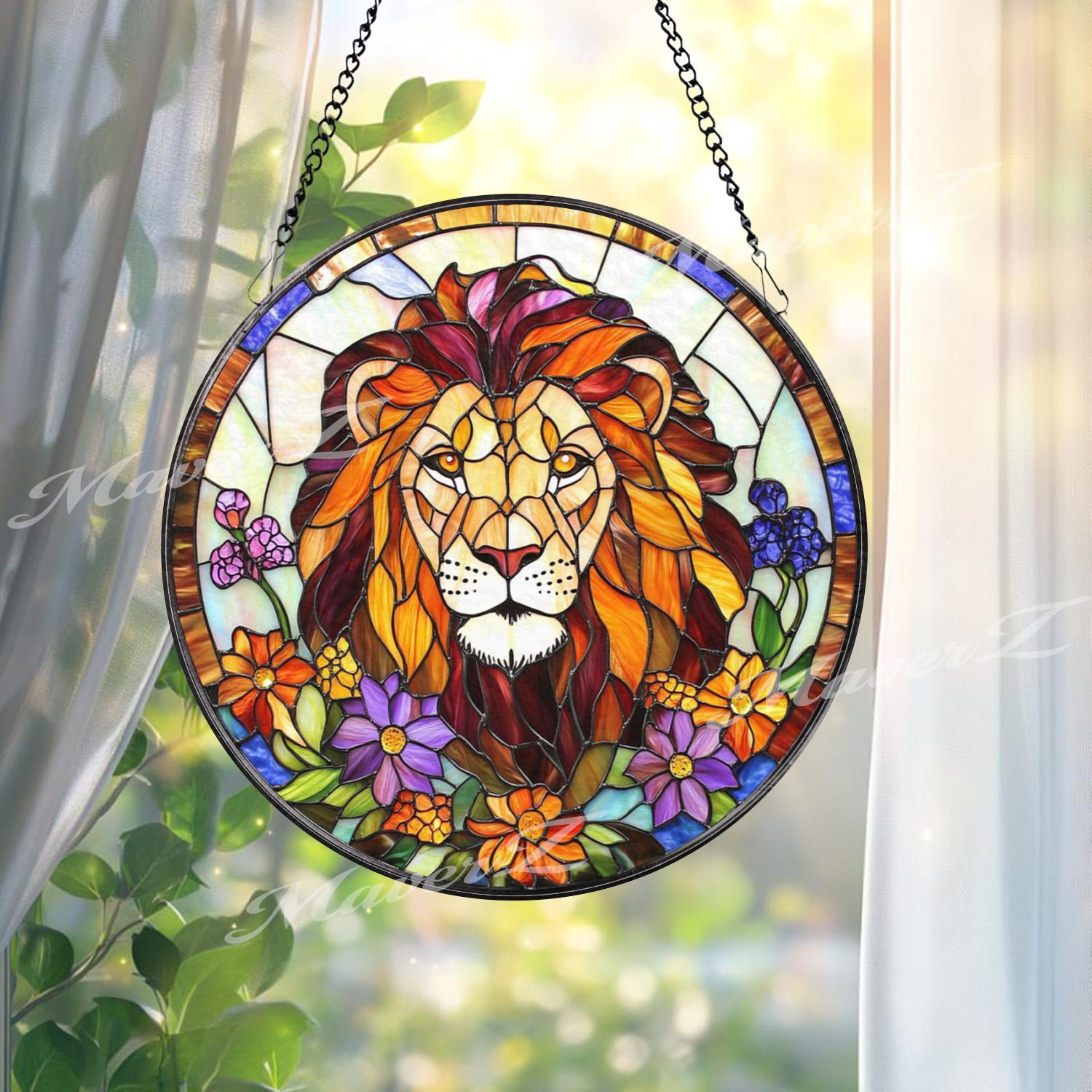 Majestic Lion Stained Glass Suncatcher, Vibrant Jungle King Window Decor, Regal Wildlife Art Gift for Animal Lovers and Nature Homes