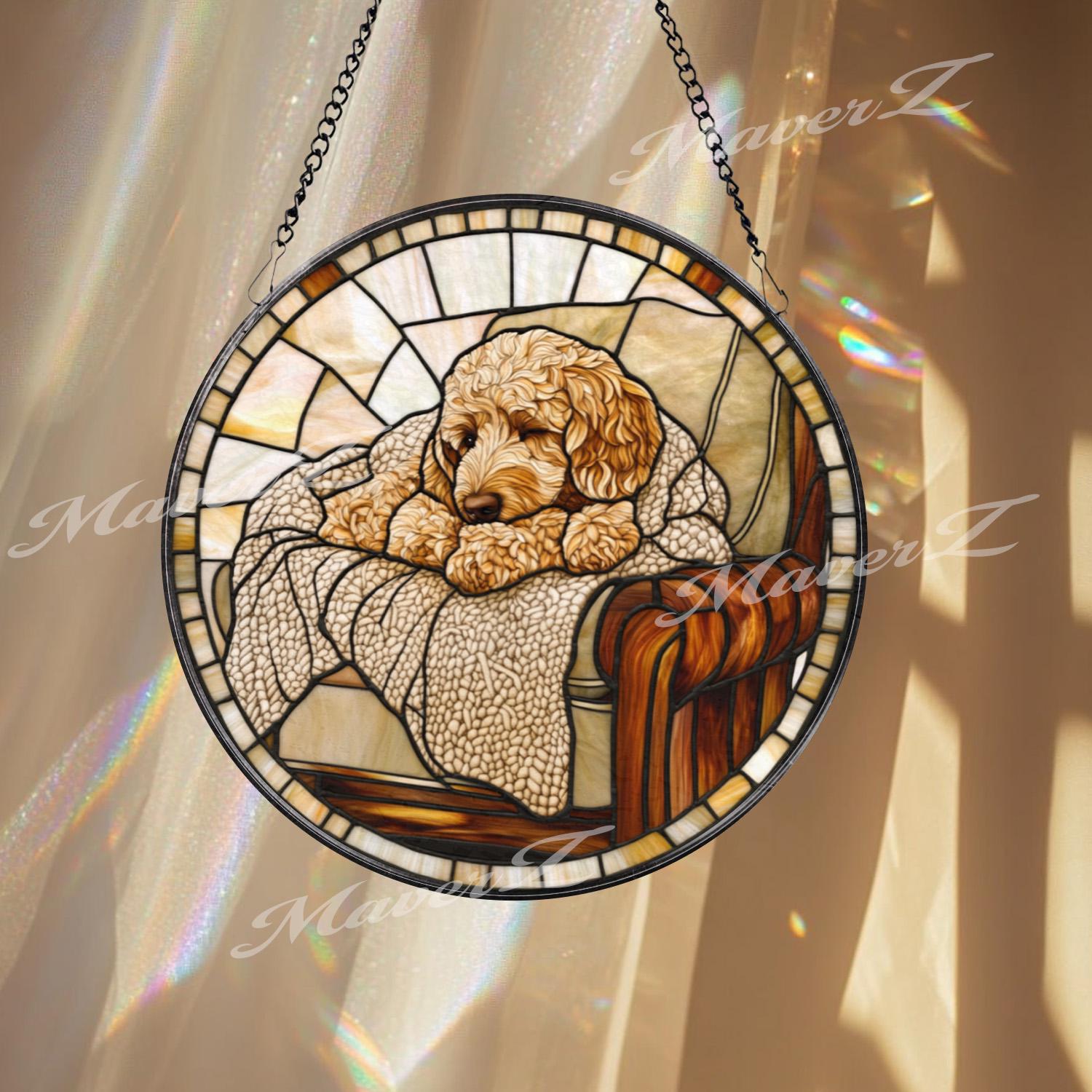 Cozy Dog Stained Glass Suncatcher, Curled Pup on Armchair Window Panel, Warm Rustic Pet Decor Gift for Dog Lovers and Home Comfort