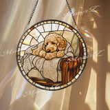 Cozy Dog Stained Glass Suncatcher, Curled Pup on Armchair Window Panel, Warm Rustic Pet Decor Gift for Dog Lovers and Home Comfort
