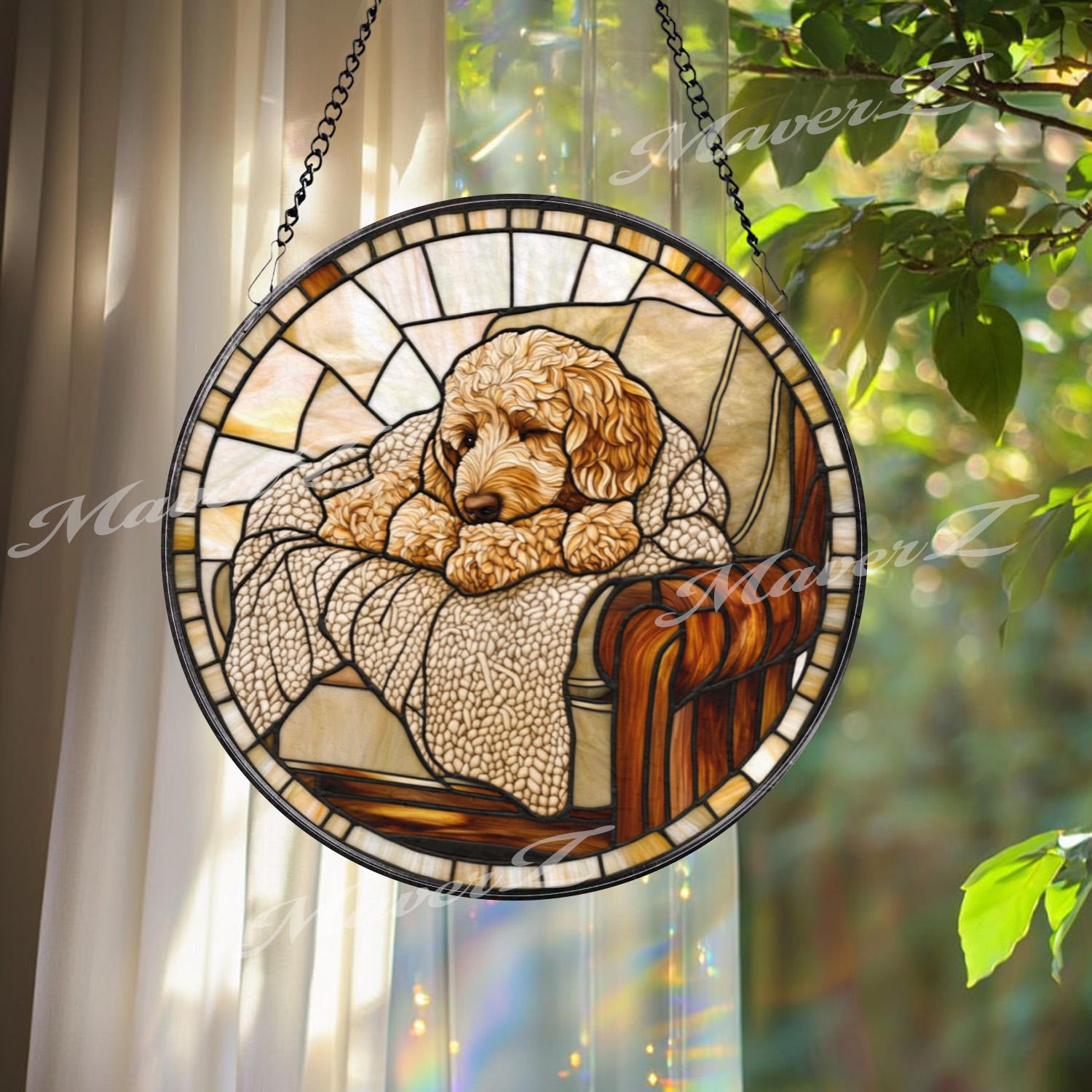 Cozy Dog Stained Glass Suncatcher, Curled Pup on Armchair Window Panel, Warm Rustic Pet Decor Gift for Dog Lovers and Home Comfort