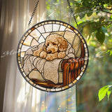 Cozy Dog Stained Glass Suncatcher, Curled Pup on Armchair Window Panel, Warm Rustic Pet Decor Gift for Dog Lovers and Home Comfort