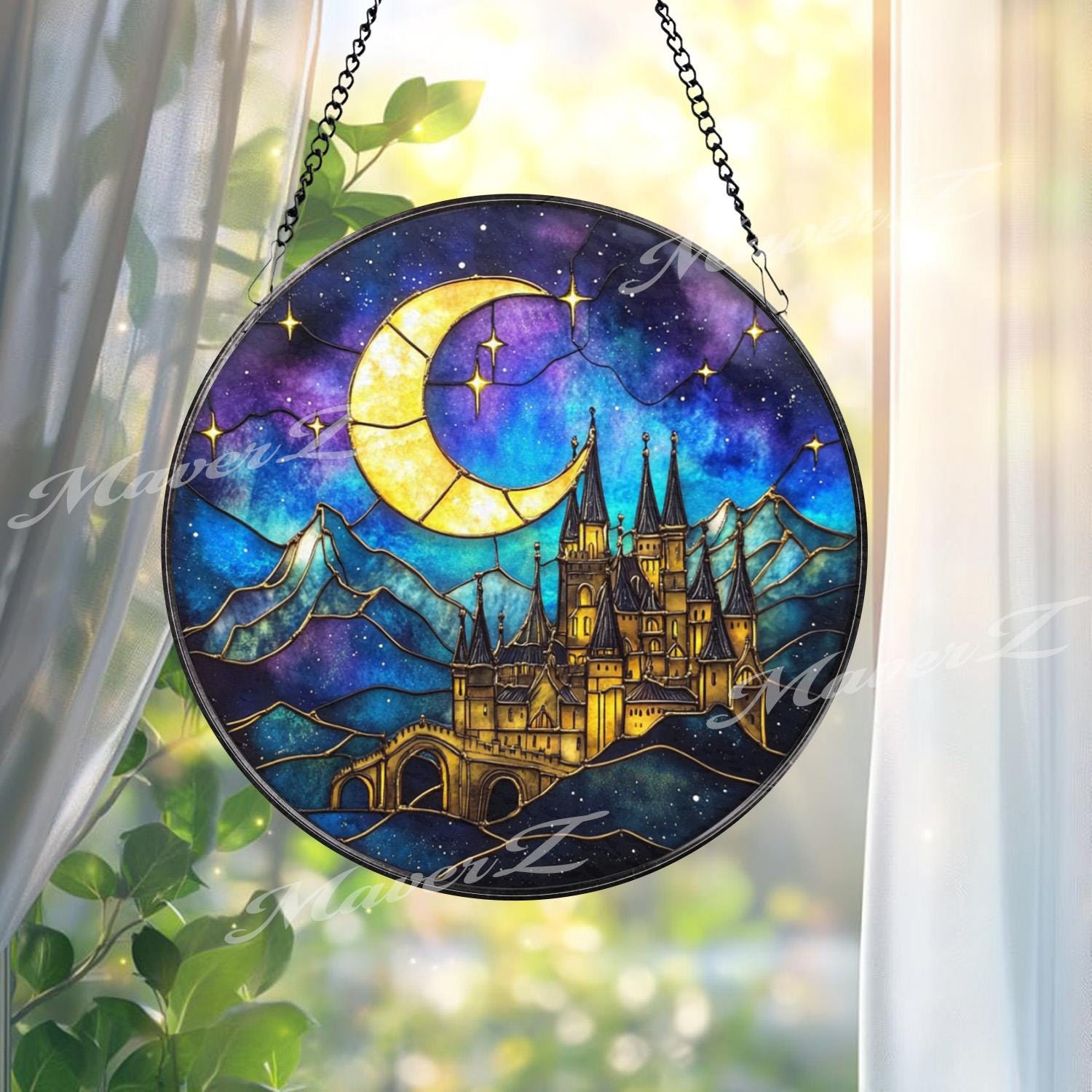 Fantasy Castle Stained Glass Suncatcher, Moonlight Night Window Panel, Magical Gothic Castle Decor for Fantasy Lovers and Dreamy Room Vibes