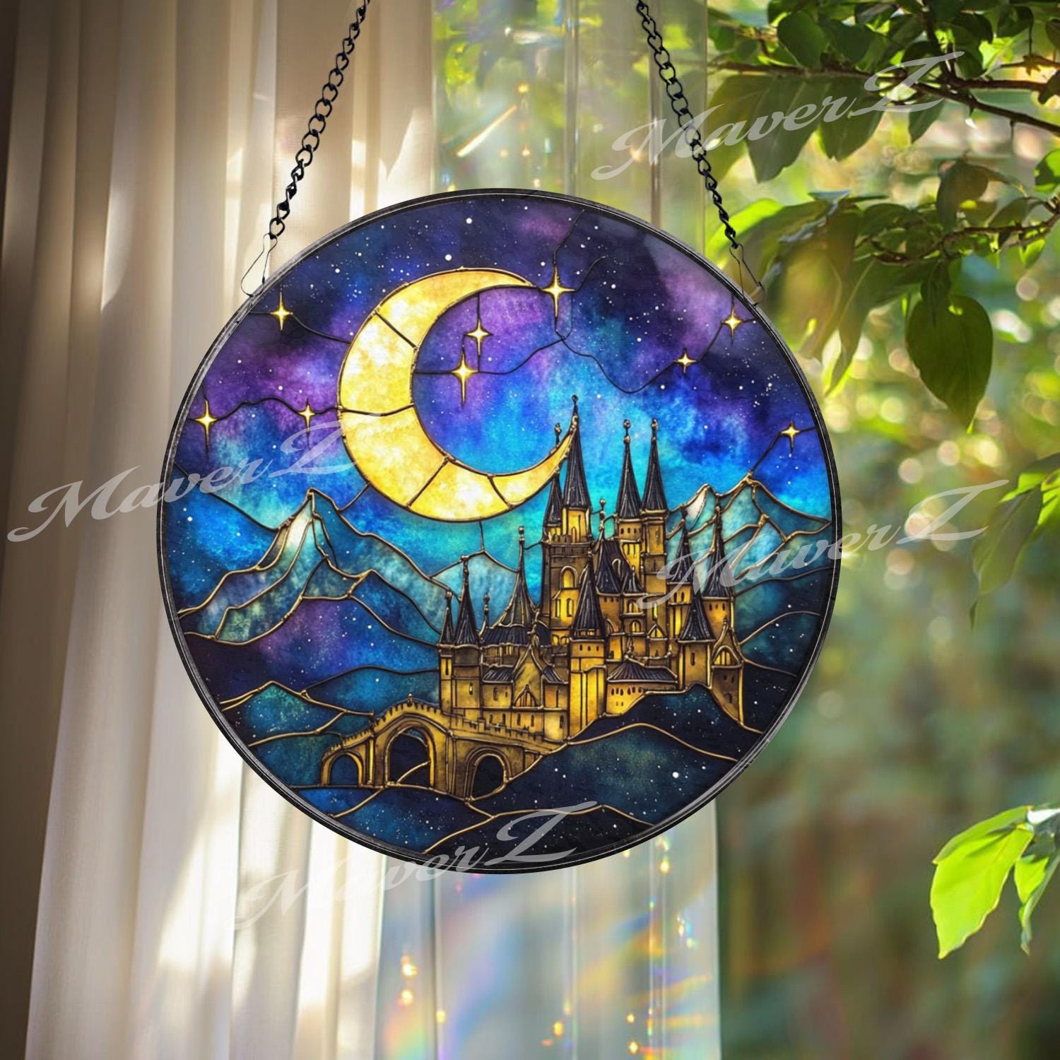 Fantasy Castle Stained Glass Suncatcher, Moonlight Night Window Panel, Magical Gothic Castle Decor for Fantasy Lovers and Dreamy Room Vibes
