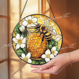 Bee and Honey Jar Stained Glass Suncatcher, Floral Honeycomb Window Decor, Nature-Inspired Gift for Gardeners and Bee Lovers