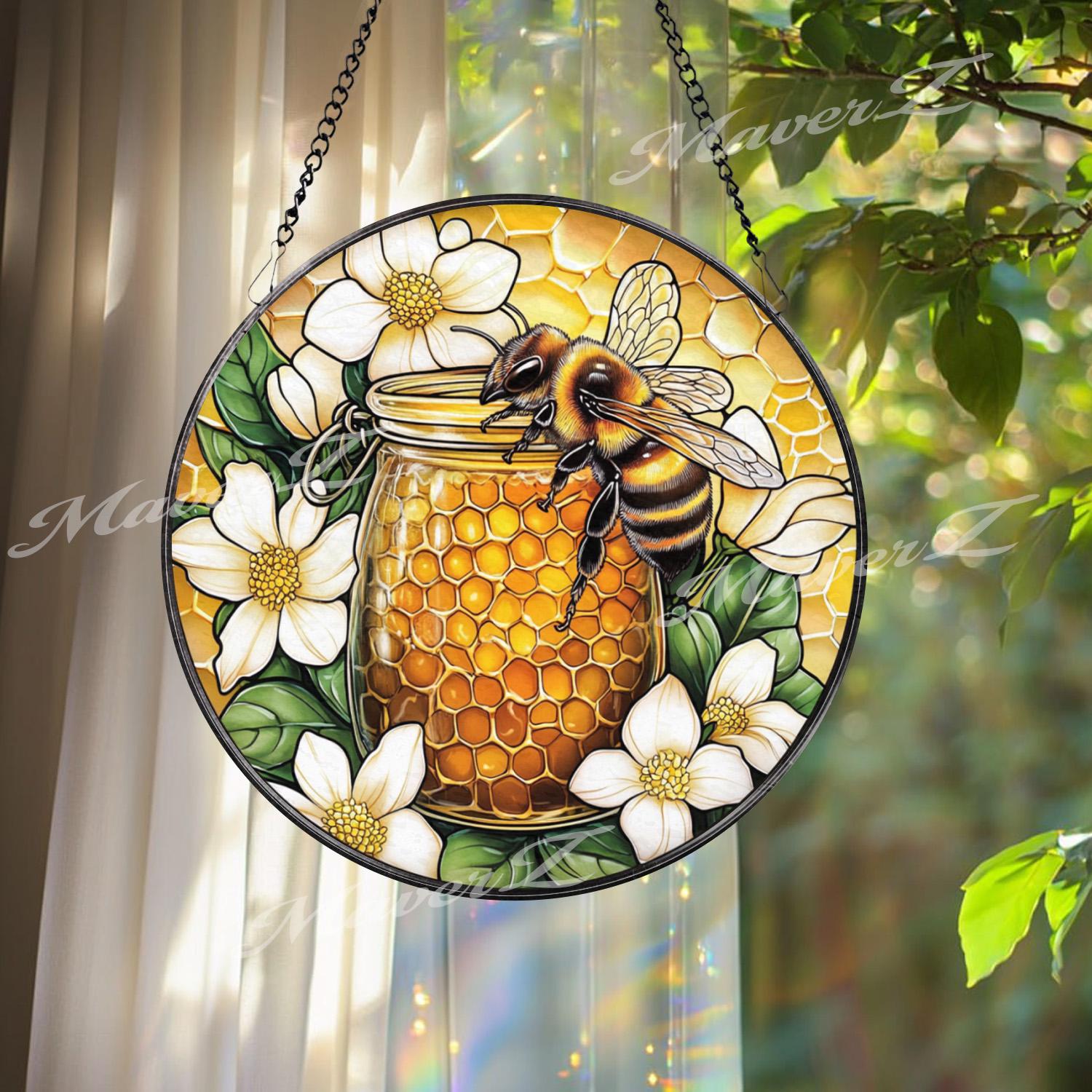 Bee and Honey Jar Stained Glass Suncatcher, Floral Honeycomb Window Decor, Nature-Inspired Gift for Gardeners and Bee Lovers