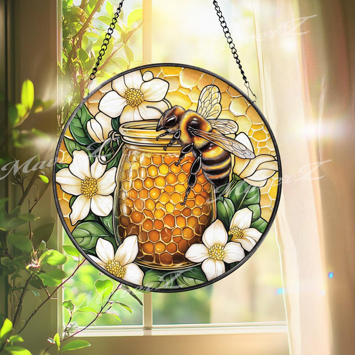 Bee and Honey Jar Stained Glass Suncatcher, Floral Honeycomb Window Decor, Nature-Inspired Gift for Gardeners and Bee Lovers