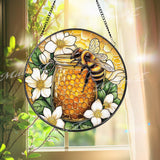 Bee and Honey Jar Stained Glass Suncatcher, Floral Honeycomb Window Decor, Nature-Inspired Gift for Gardeners and Bee Lovers