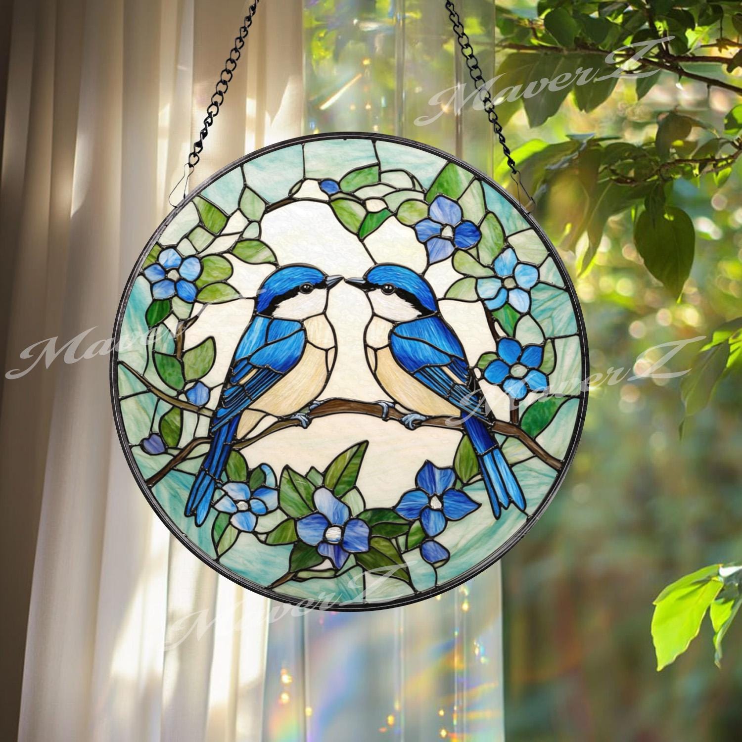 Bluebirds Stained Glass Suncatcher, Lovebird Window Panel, Romantic Bird Couple Decor, Nature-Inspired Blue Floral Gift for Bird Lovers