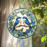 Bluebirds Stained Glass Suncatcher, Lovebird Window Panel, Romantic Bird Couple Decor, Nature-Inspired Blue Floral Gift for Bird Lovers