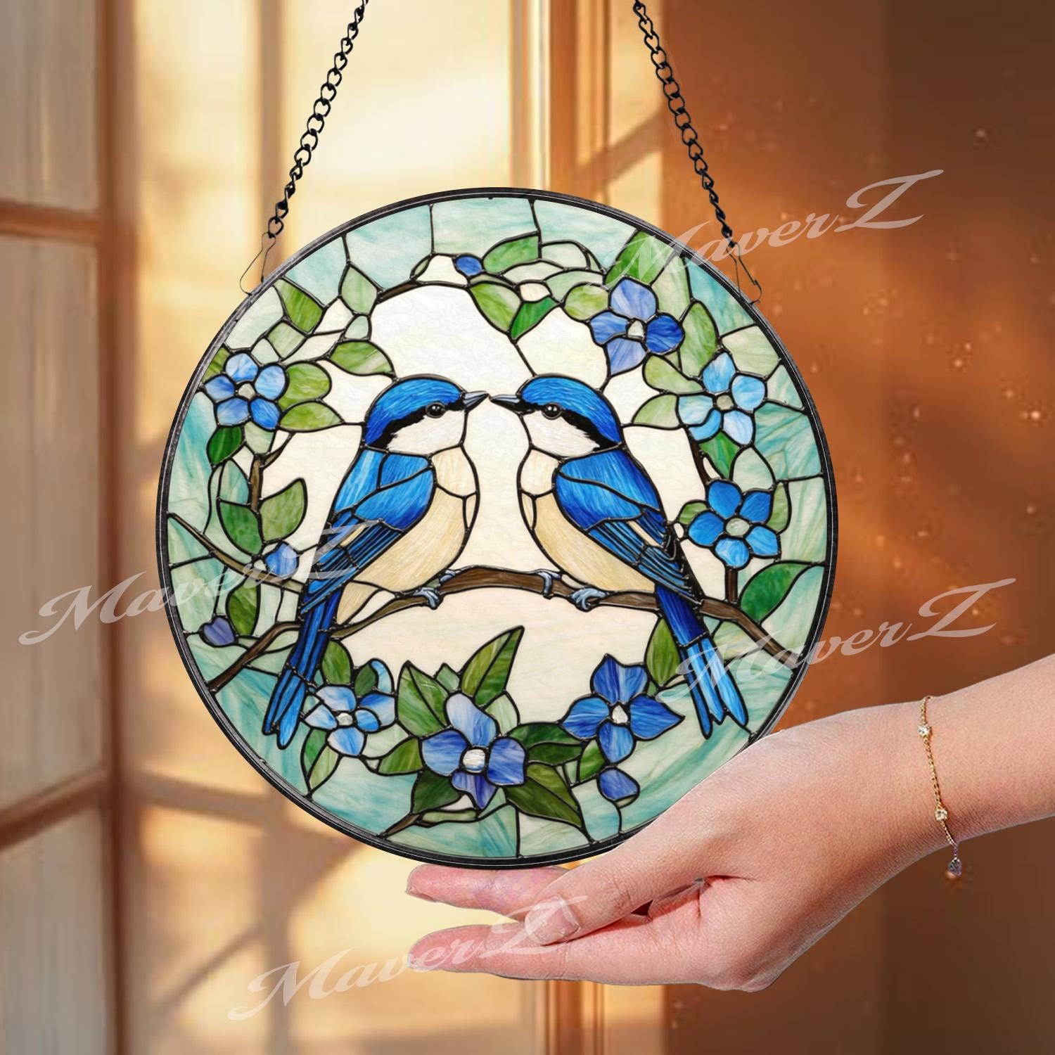 Bluebirds Stained Glass Suncatcher, Lovebird Window Panel, Romantic Bird Couple Decor, Nature-Inspired Blue Floral Gift for Bird Lovers