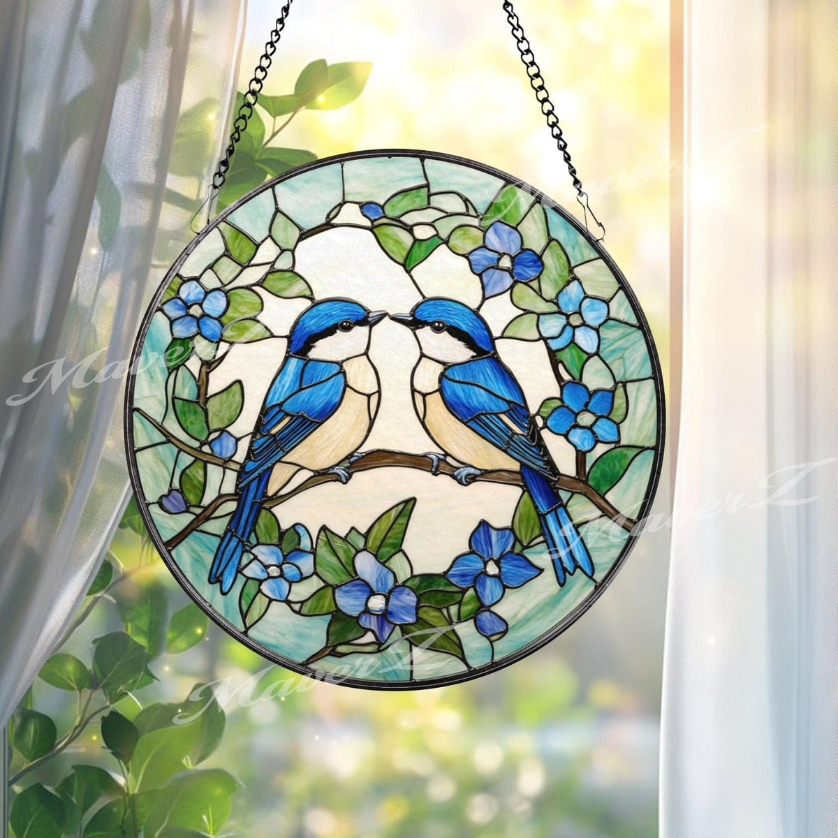 Bluebirds Stained Glass Suncatcher, Lovebird Window Panel, Romantic Bird Couple Decor, Nature-Inspired Blue Floral Gift for Bird Lovers