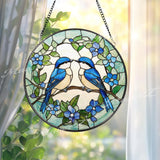 Bluebirds Stained Glass Suncatcher, Lovebird Window Panel, Romantic Bird Couple Decor, Nature-Inspired Blue Floral Gift for Bird Lovers