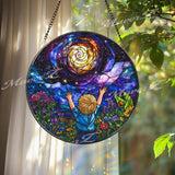 Galaxy Dream Stained Glass Suncatcher, Cosmic Boy Window Panel, Whimsical Universe Decor Gift for Kids Room or Stargazer Lovers