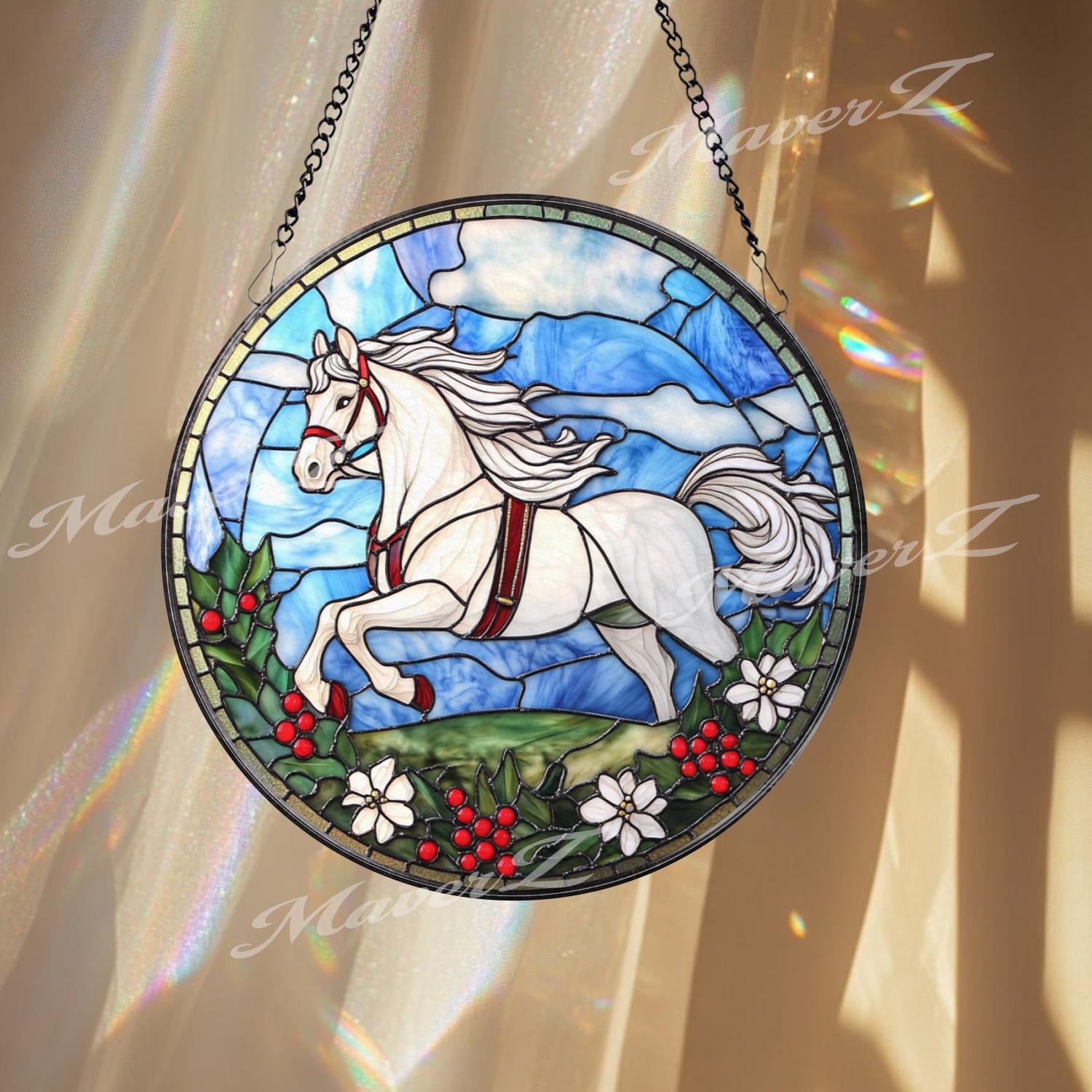 White Horse Stained Glass Suncatcher, Galloping Horse Window Panel, Equestrian Gift for Horse Lovers, Farmhouse Rustic Window Decor