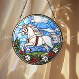 White Horse Stained Glass Suncatcher, Galloping Horse Window Panel, Equestrian Gift for Horse Lovers, Farmhouse Rustic Window Decor
