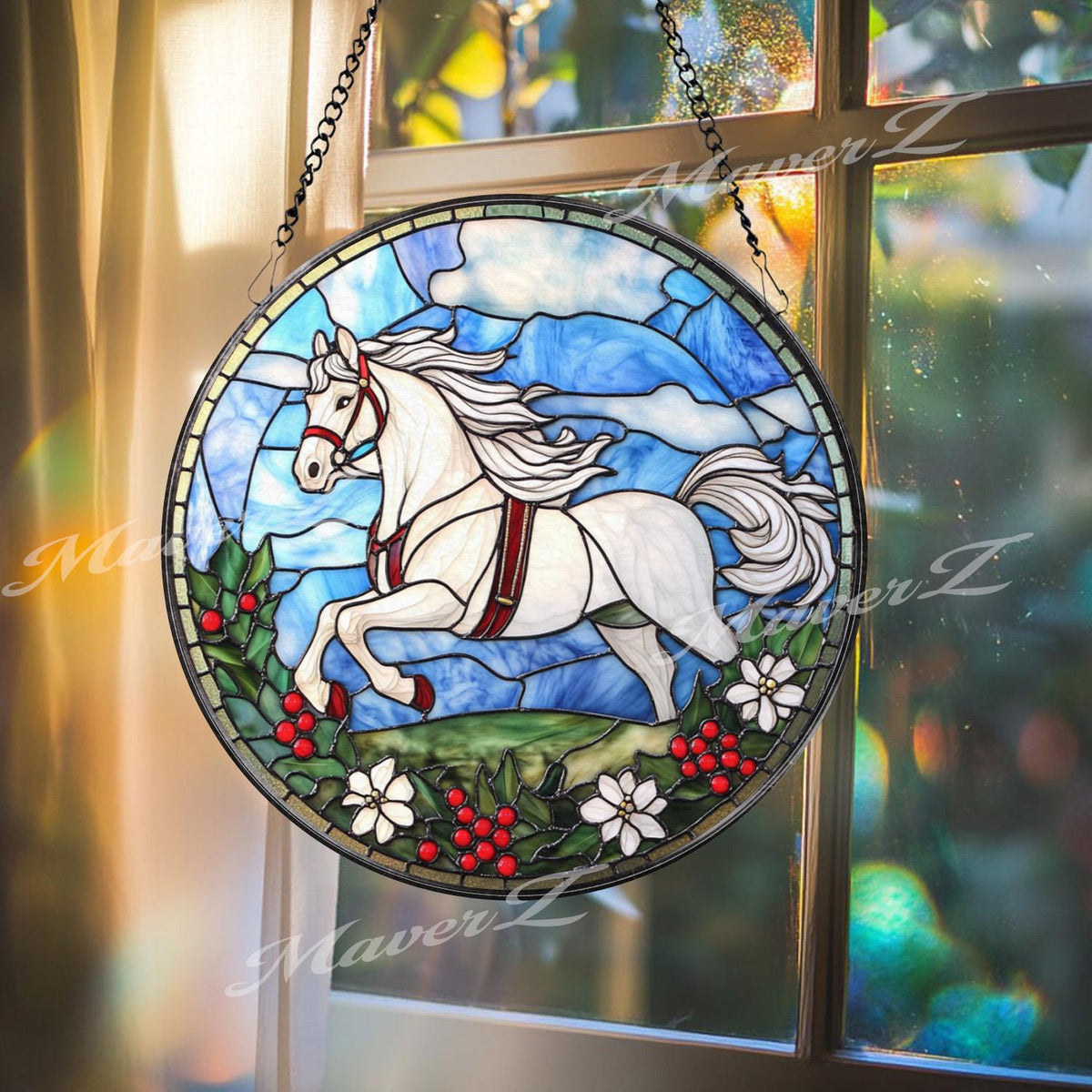 White Horse Stained Glass Suncatcher, Galloping Horse Window Panel, Equestrian Gift for Horse Lovers, Farmhouse Rustic Window Decor