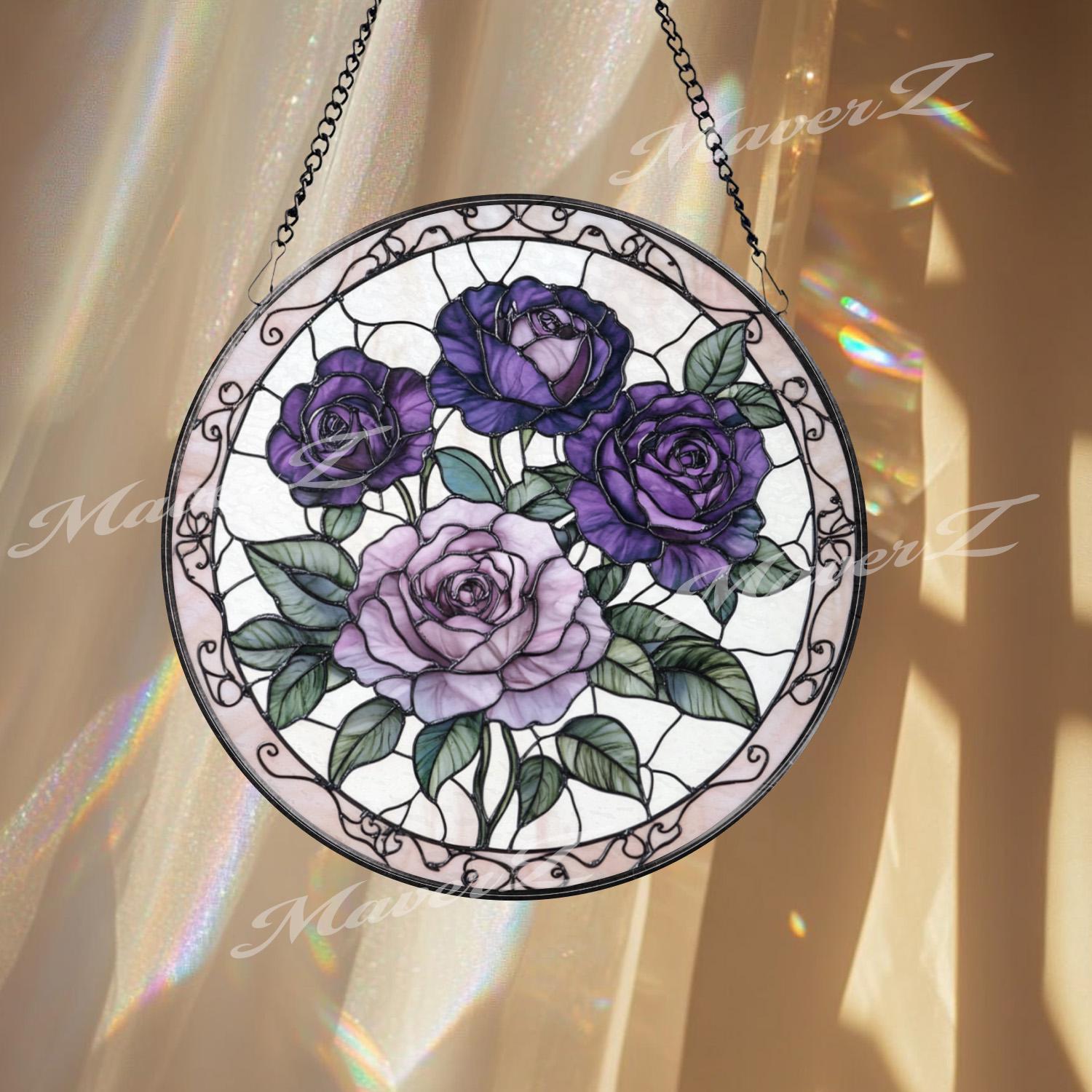 Purple Rose Stained Glass Suncatcher, Romantic Floral Window Panel, Lavender Rose Gift for Garden Lovers & Elegant Home Decor