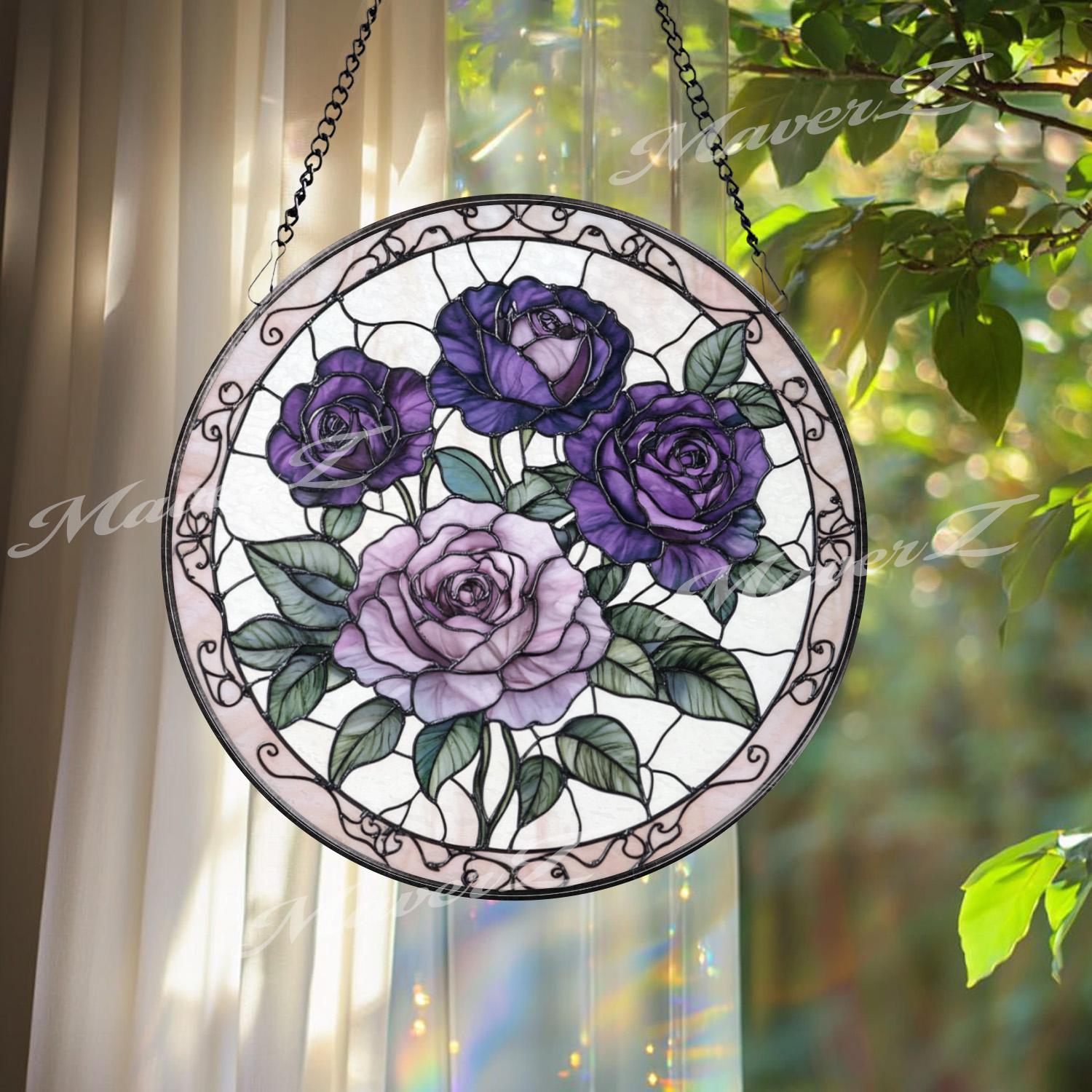 Purple Rose Stained Glass Suncatcher, Romantic Floral Window Panel, Lavender Rose Gift for Garden Lovers & Elegant Home Decor