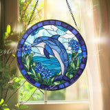 Blue Dolphin Stained Glass Suncatcher, Ocean Sea Life Window Panel, Coastal Beach Decor Gift for Dolphin Lovers and Marine Home Style