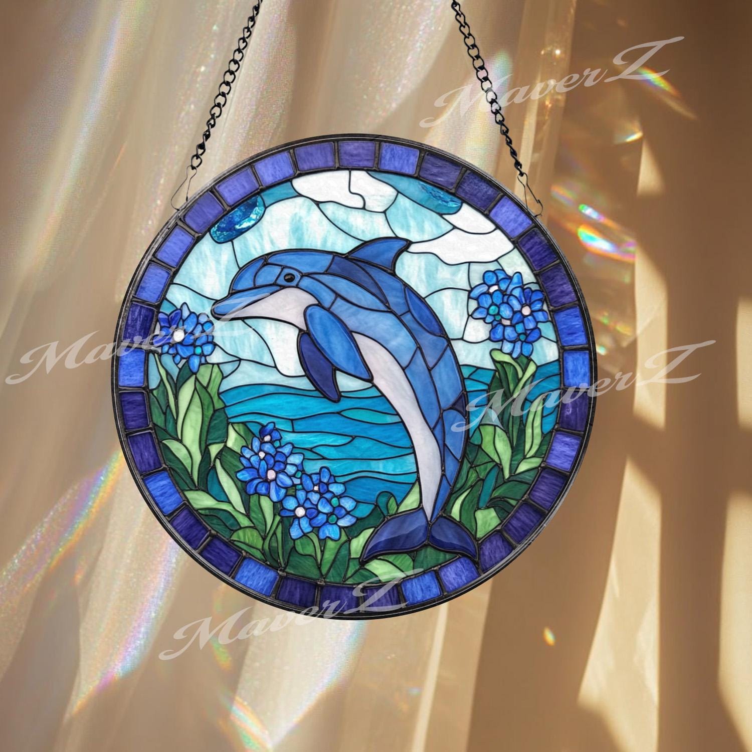 Blue Dolphin Stained Glass Suncatcher, Ocean Sea Life Window Panel, Coastal Beach Decor Gift for Dolphin Lovers and Marine Home Style