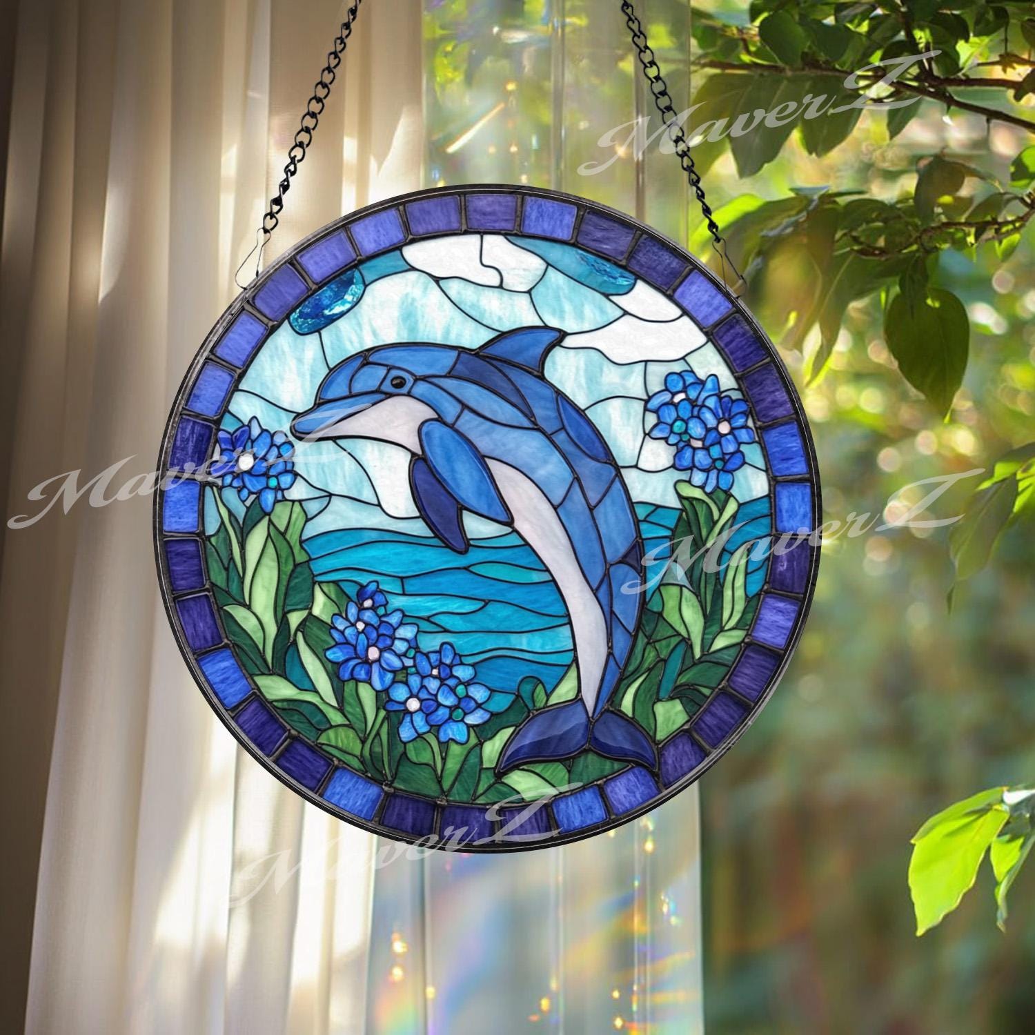 Blue Dolphin Stained Glass Suncatcher, Ocean Sea Life Window Panel, Coastal Beach Decor Gift for Dolphin Lovers and Marine Home Style