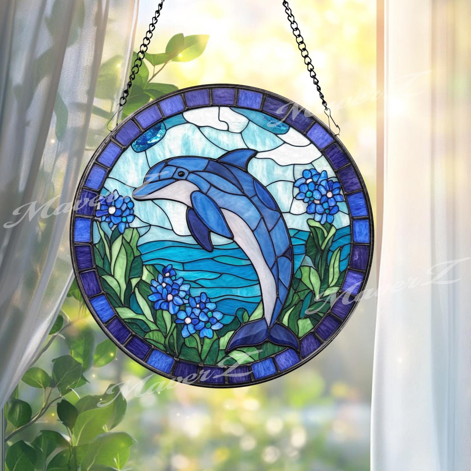 Blue Dolphin Stained Glass Suncatcher, Ocean Sea Life Window Panel, Coastal Beach Decor Gift for Dolphin Lovers and Marine Home Style