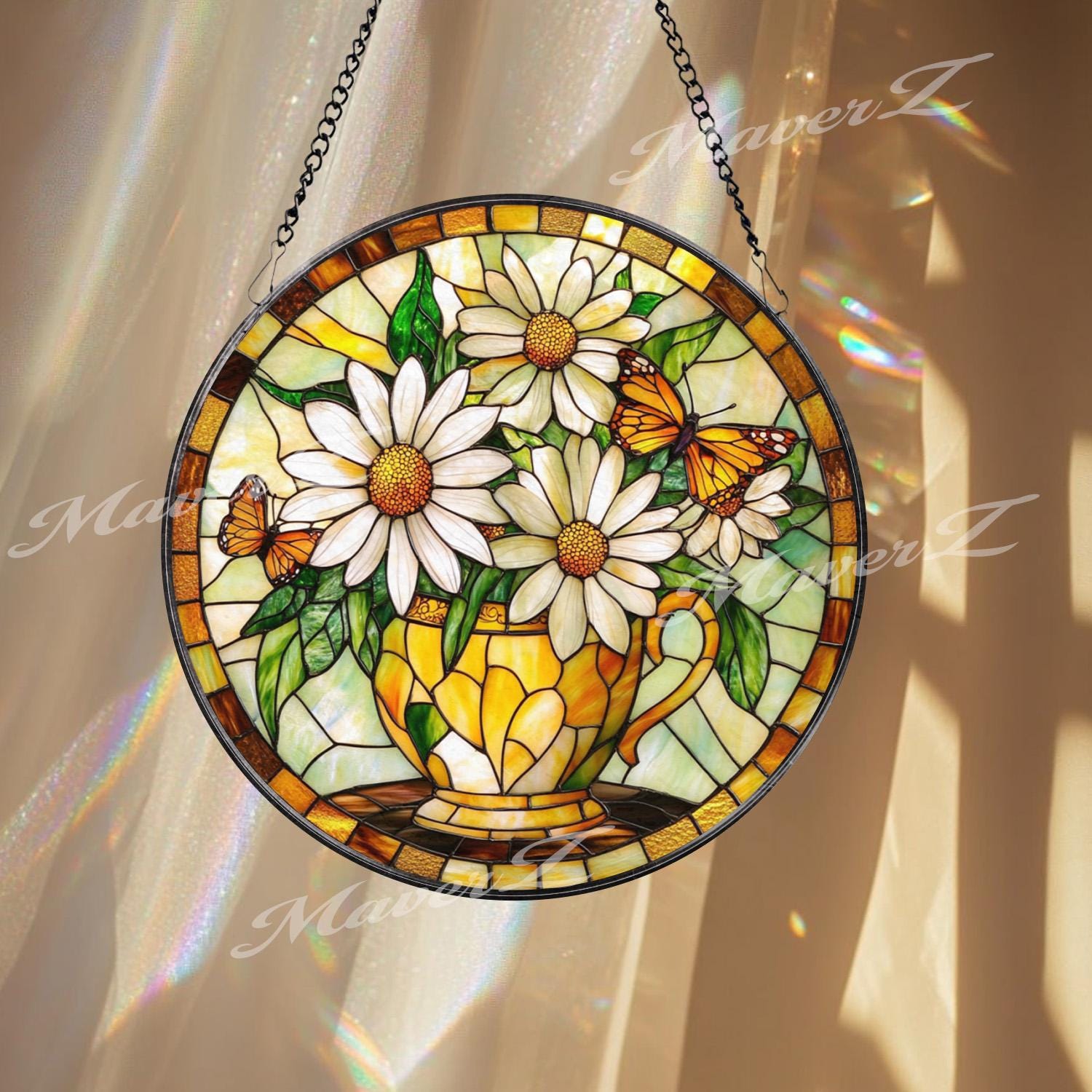 Daisy Butterfly Stained Glass Suncatcher, Yellow Floral Teacup Window Panel, Spring Garden Decor Gift for Nature and Flower Lovers