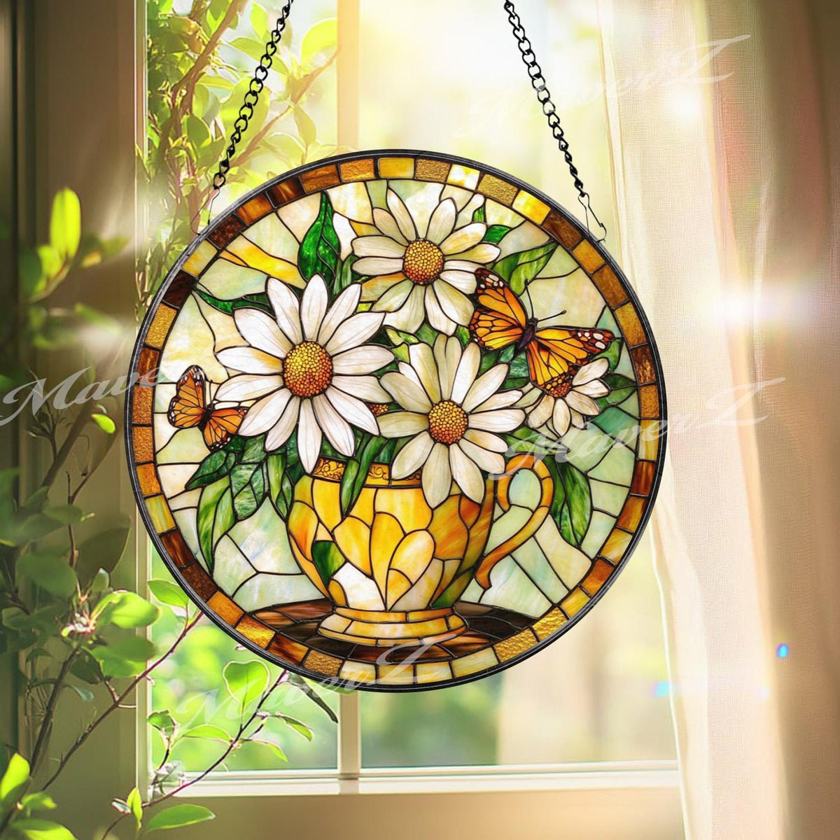 Daisy Butterfly Stained Glass Suncatcher, Yellow Floral Teacup Window Panel, Spring Garden Decor Gift for Nature and Flower Lovers