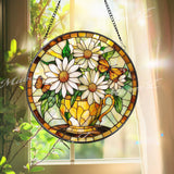 Daisy Butterfly Stained Glass Suncatcher, Yellow Floral Teacup Window Panel, Spring Garden Decor Gift for Nature and Flower Lovers