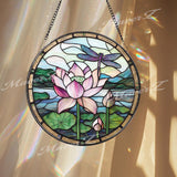 Lotus Flower and Dragonfly Stained Glass Suncatcher, Round Window Panel for Zen Garden Decor, Tranquil Nature Gift