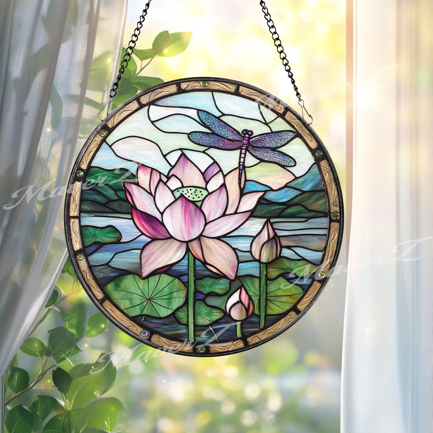 Lotus Flower and Dragonfly Stained Glass Suncatcher, Round Window Panel for Zen Garden Decor, Tranquil Nature Gift
