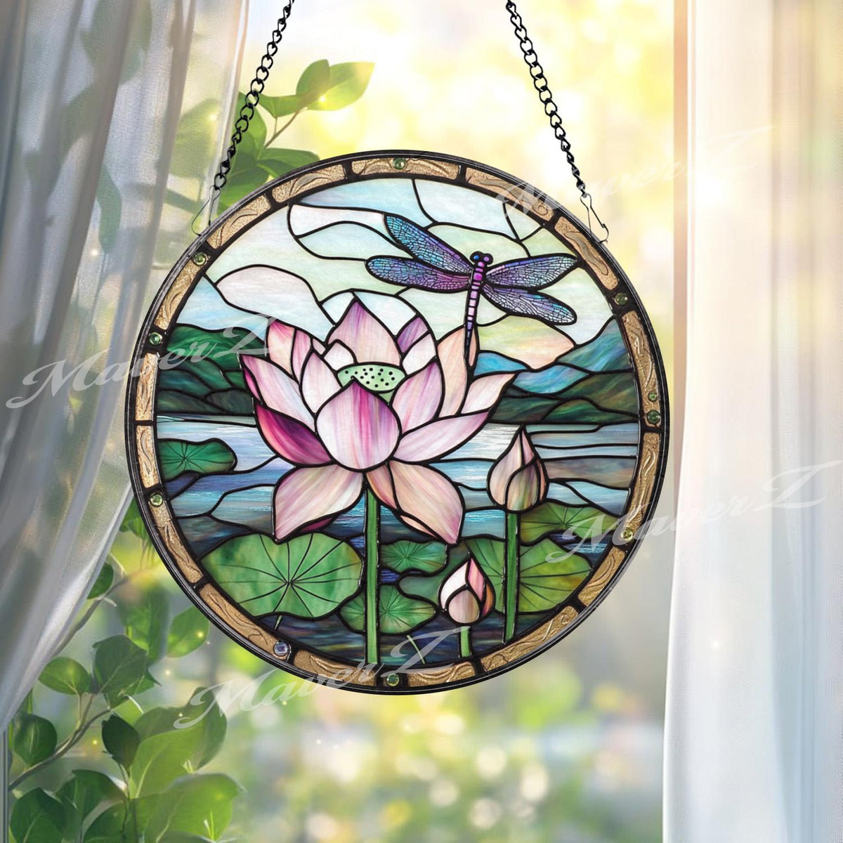 Lotus Flower and Dragonfly Stained Glass Suncatcher, Round Window Panel for Zen Garden Decor, Tranquil Nature Gift