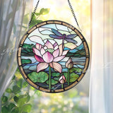 Lotus Flower and Dragonfly Stained Glass Suncatcher, Round Window Panel for Zen Garden Decor, Tranquil Nature Gift