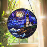 Lighthouse Ocean Sunset Stained Glass Suncatcher, Coastal Nautical Window Panel, Round Glass Lighthouse Decor, Seaside Beach House Gift