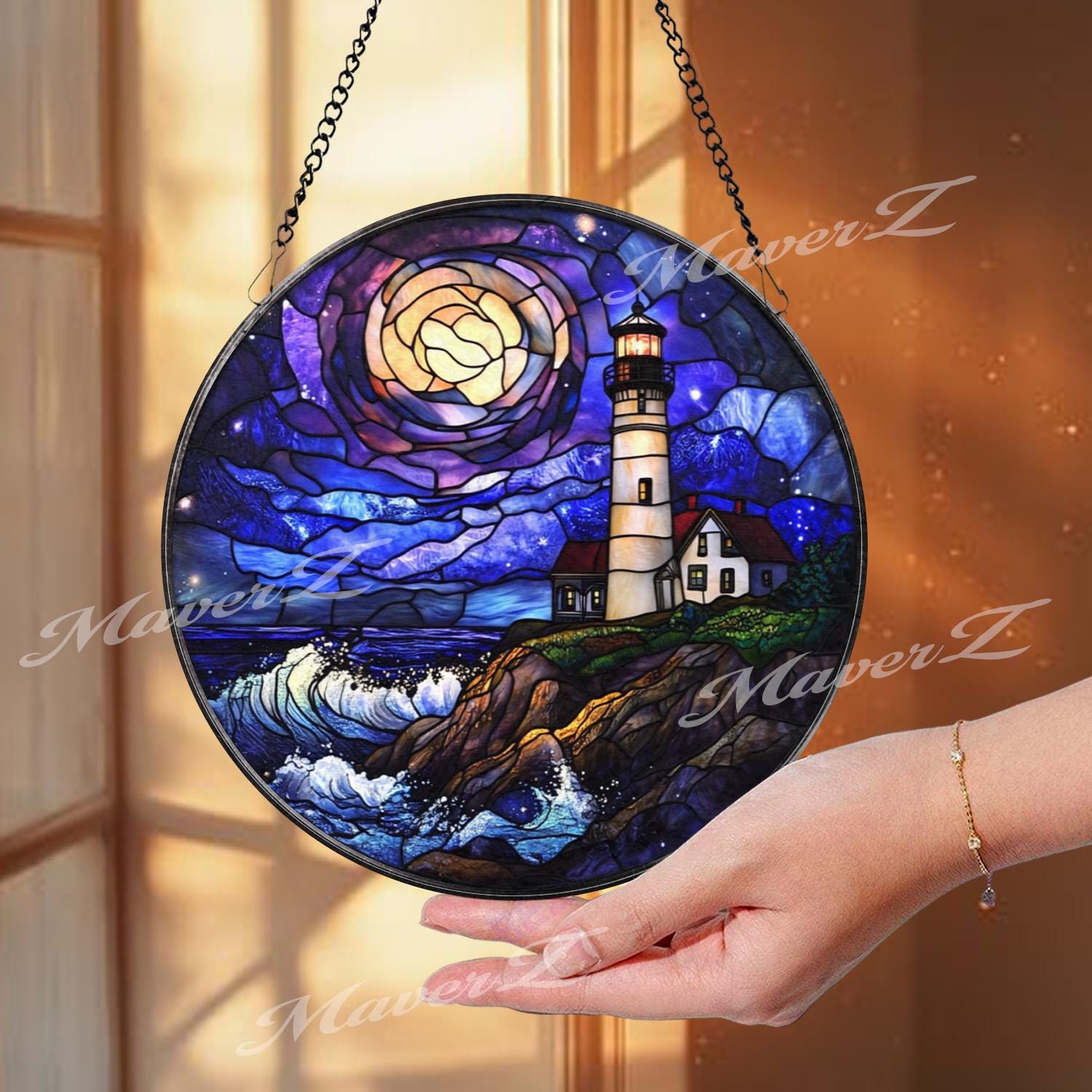 Lighthouse Ocean Sunset Stained Glass Suncatcher, Coastal Nautical Window Panel, Round Glass Lighthouse Decor, Seaside Beach House Gift