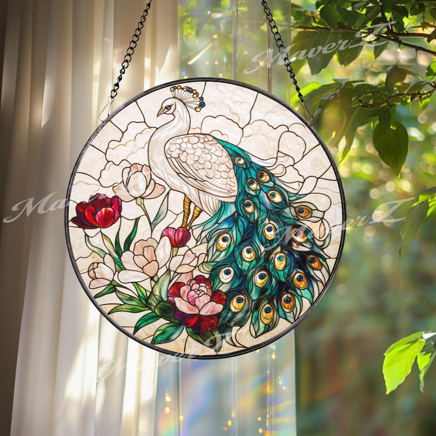 Peacock Stained Glass Suncatcher, Elegant Window Hanging Panel with Flowers, Bird Lover Gift, Colorful Garden Window Decor