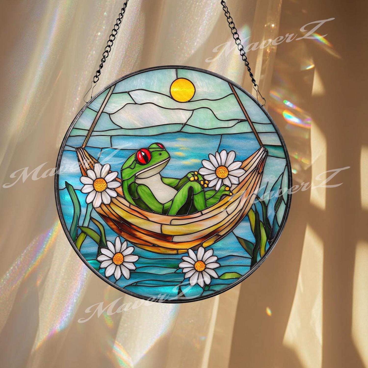 Frog Hammock Stained Glass Suncatcher, Relaxed Frog Window Hanging, Funny Garden Decor, Frog Lover Gift, Whimsical Window Art