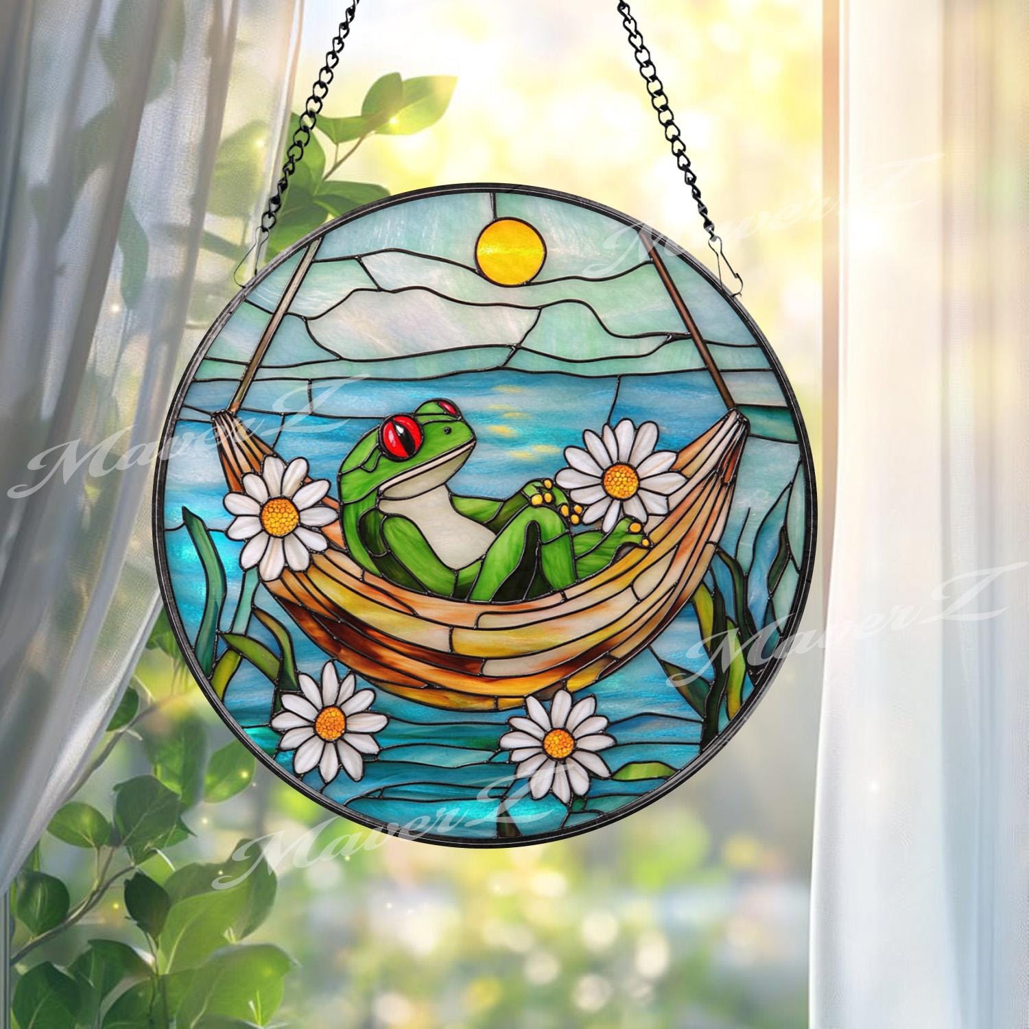 Frog Hammock Stained Glass Suncatcher, Relaxed Frog Window Hanging, Funny Garden Decor, Frog Lover Gift, Whimsical Window Art
