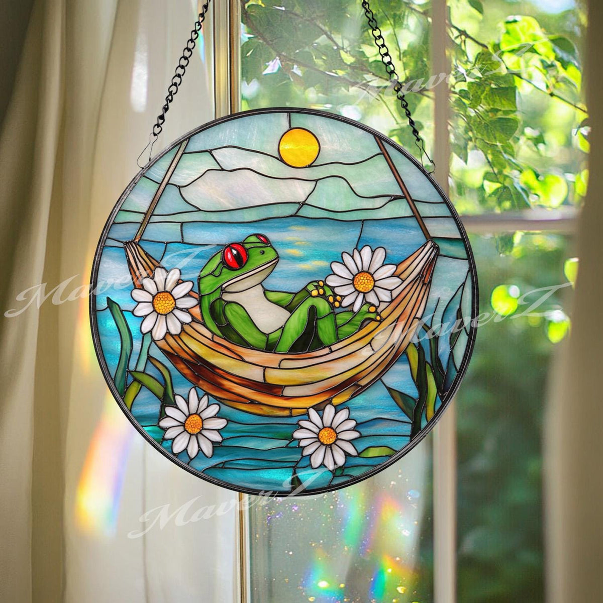 Frog Hammock Stained Glass Suncatcher, Relaxed Frog Window Hanging, Funny Garden Decor, Frog Lover Gift, Whimsical Window Art