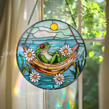 Frog Hammock Stained Glass Suncatcher, Relaxed Frog Window Hanging, Funny Garden Decor, Frog Lover Gift, Whimsical Window Art