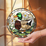 Mallard Duck Stained Glass Suncatcher, Duck Window Panel with Lotus Flowers, Wildlife Bird Decor, Lake House Gift, Nature Window Art