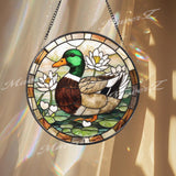 Mallard Duck Stained Glass Suncatcher, Duck Window Panel with Lotus Flowers, Wildlife Bird Decor, Lake House Gift, Nature Window Art