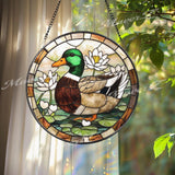 Mallard Duck Stained Glass Suncatcher, Duck Window Panel with Lotus Flowers, Wildlife Bird Decor, Lake House Gift, Nature Window Art