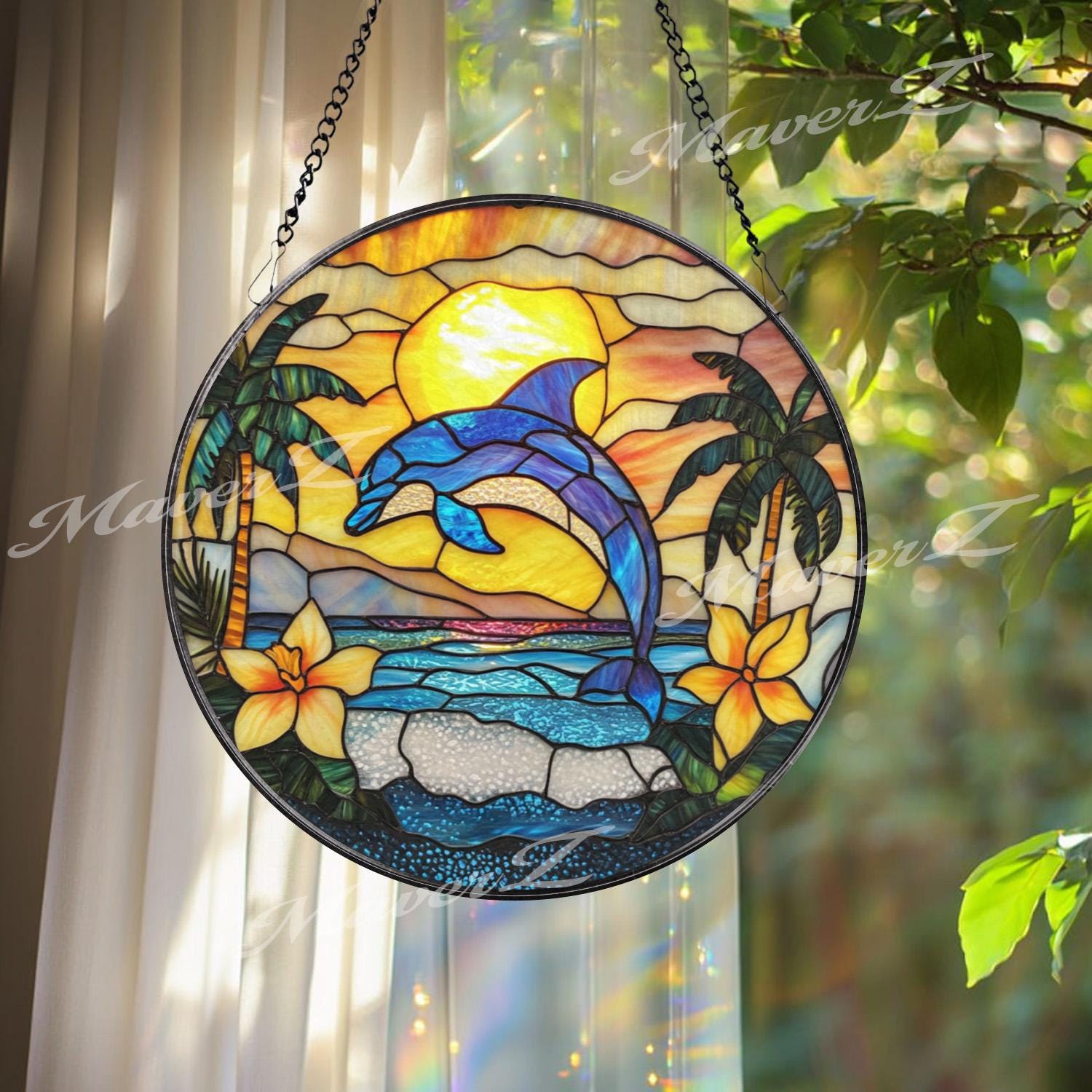 Dolphin Stained Glass Suncatcher, Tropical Sunset Ocean Panel, Beach Decor Window Hanging, Coastal Sea Art, Summer Home Glass Gift